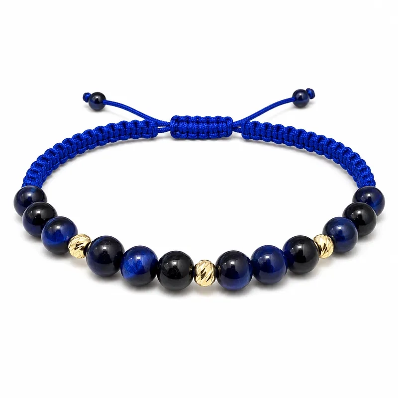 Šnúrkový náramok Blue Horizon z modrého tigrieho oka zo žltého zlata, 14k